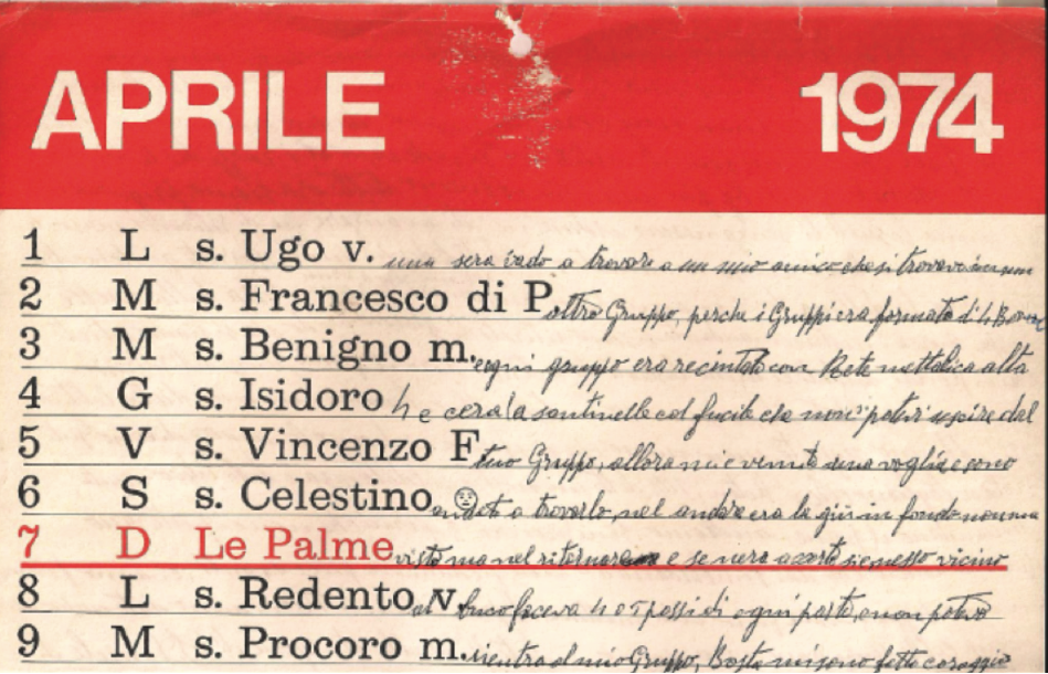Excerpt from the book of souvenirs by grandfather Peppe, Cermaria Elmo: old calendar sheets from 1974 and 1977, given to his grandson Francesco Nicolini as a wedding gift
